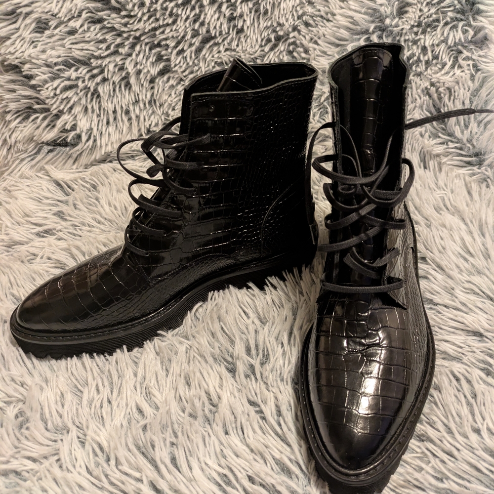 Freda Salvador Glossy Black Croc-Embossed Boots